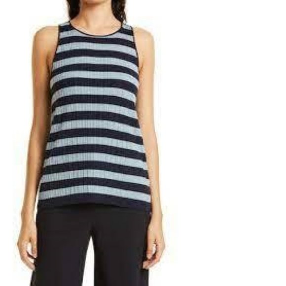 THEORY Classic Stripe Wool Knit Tank in Deep Navy/Eggshell Blue, Medium - Picture 2 of 13